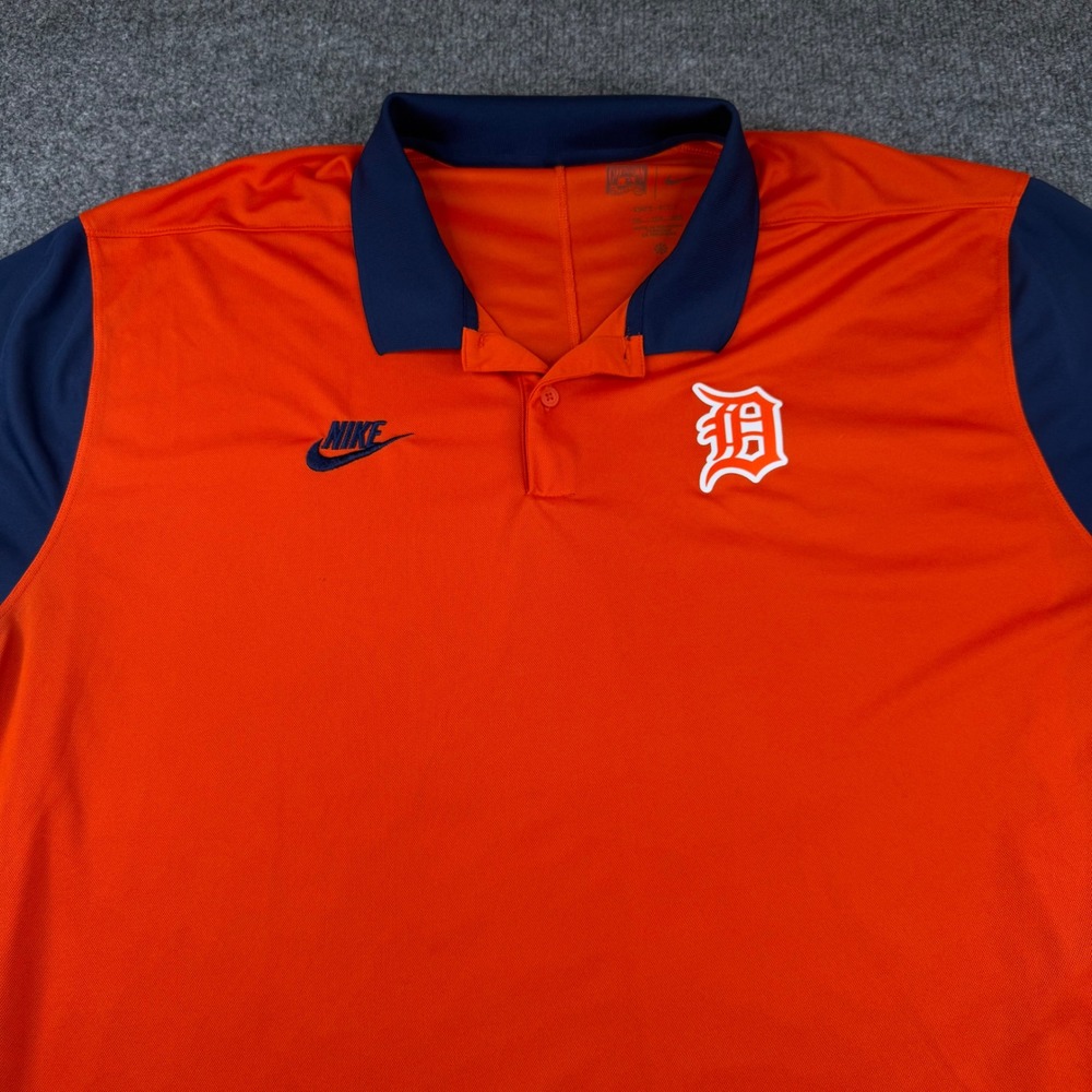Nike Detroit Tigers Polo Mens 2XL Orange Navy Dri-FIT MLB Cooperstown Shirt